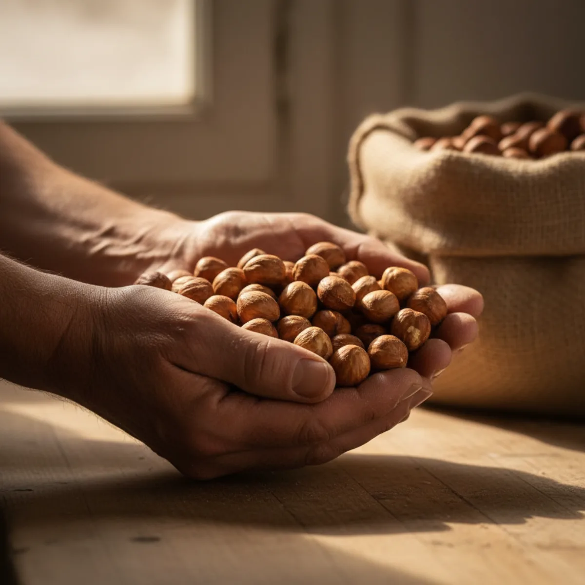Mains d'artisan tenant des noisettes Piemonte IGP